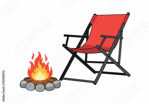 A red folding chair beside a campfire in a serene outdoor setting viewed from the side