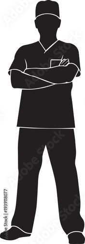 Medical doctor silhouette standing with arms crossed vector illustration line art graphic
