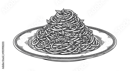 Vintage engraving spaghetti pasta plate detailed italian cuisine food illustration hand drawn traditional meal in classic woodcut style