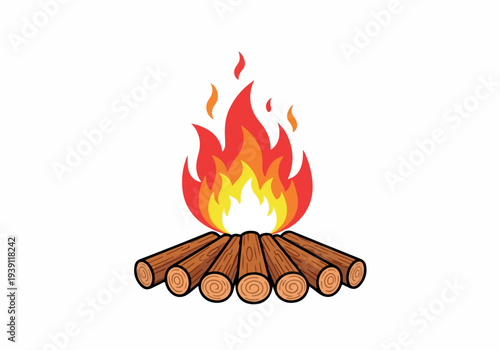 Illustration of a burning campfire with flames rising from arranged logs in a serene outdoor setting from a frontal viewpoint