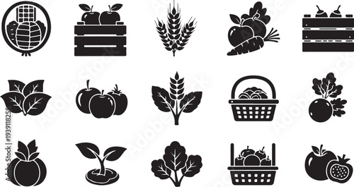 Agricultural icons and symbols for farming and harvest concepts