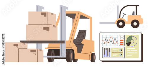 Warehouse management, logistics, efficiency tracking, supply chain operations, storage solutions, inventory control. Forklift lifting boxes alongside analytics data. Warehouse management