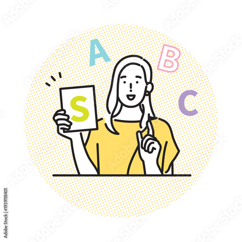 シンプル　イラスト　英会話レッスンでアルファベットカードを見せて英語を教える女性講師のイメージ ベクターイラスト