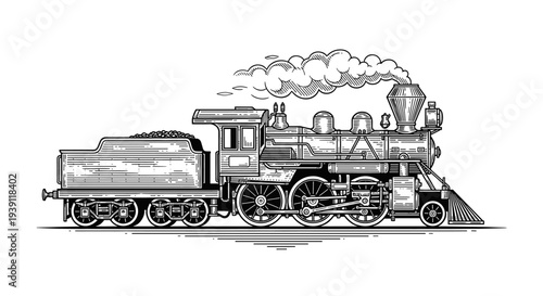 Vintage Engraving Style Steam Locomotive, Detailed Woodcut Antique Train Vector Illustration
