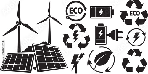 Eco friendly energy icons and renewable power symbols illustration