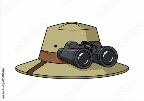 A tan safari hat adorned with binoculars on a strap, symbolizing adventure and exploration in the wilderness.