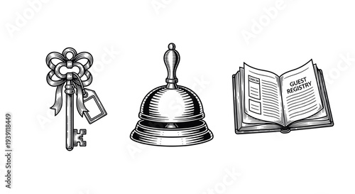 vintage hotel service icons set with reception bell guest registry book and decorative key engraving illustration antique hospitality symbols woodcut style