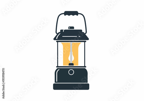 A camping lantern with a lit flame is viewed from the side on a dark outdoor adventure