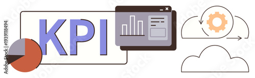 Business analytics, performance tracking, data insights, cloud technology, automation, progress assessment. KPI text with chart, web dashboard and gears in a cloud. Business analytics