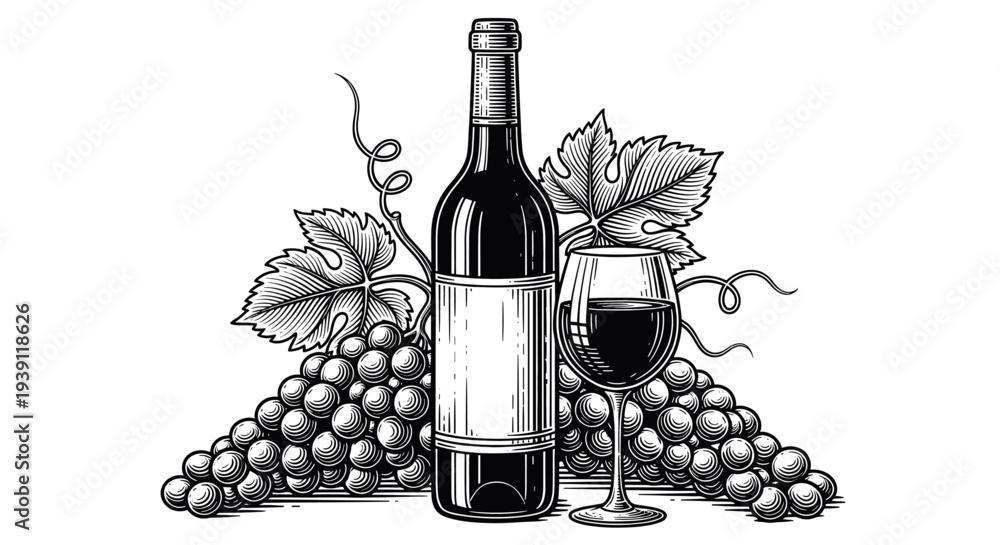 Naklejka premium Vintage engraving wine bottle with wine glass and grape bunch detailed winery and viticulture illustration hand drawn classic woodcut style isolated