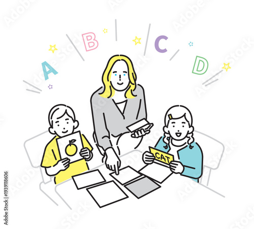 シンプル　イラスト　英会話レッスンでアルファベットカードを使って学ぶ子供たちと外国人講師のイメージ ベクターイラスト