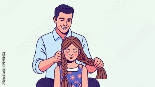 Father Braiding Hair of Little Girl.