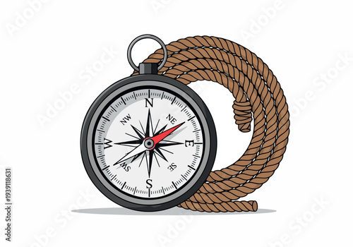 A vintage compass surrounded by a coiled rope, symbolizing navigation and adventure in the great outdoors from a close-up viewpoint.