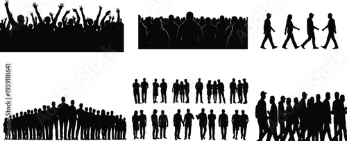 Crowd of people silhouette set, large group and audience vector collection