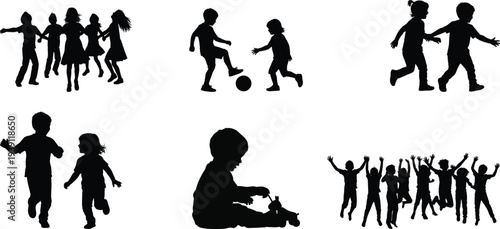 Children playing silhouette set, kids activities and childhood vector collection