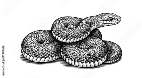 vintage coiled snake detailed reptile engraving illustration isolated, hand drawn serpent antique woodcut style wildlife animal engraving artwork