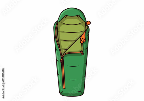 A green sleeping bag illustration showcasing outdoor adventure equipment for camping and hiking activities in nature.