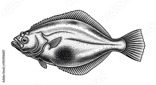 Flounder Fish Marine Animal Vector Illustration in Woodcut Style