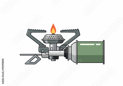 Portable camping stove illustration with lit flame on a simple white background from a side viewpoint displaying the fuel tank and burner