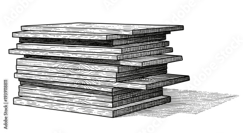 stack of wooden boards detailed vintage engraving illustration isolated, lumber timber planks hand drawn woodcut style carpentry construction material artwork