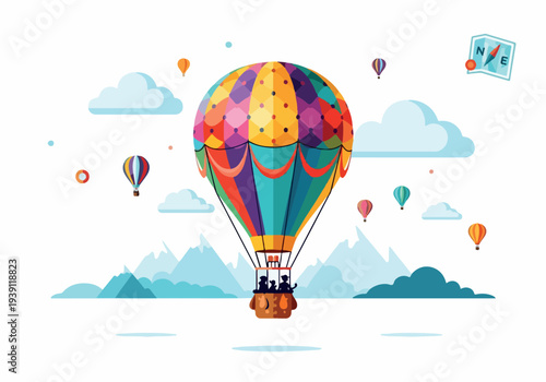 Vibrant hot air balloon soaring above majestic mountains with people inside, surrounded by other balloons in a serene sky