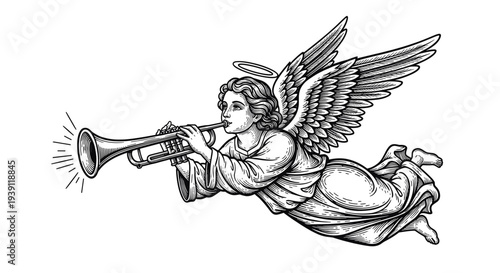 vintage cherub angel playing trumpet detailed antique engraving illustration, classical heavenly cupid figure with wings hand drawn woodcut style religious decorative art