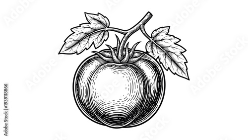 vintage ripe tomato with stem and leaf detailed botanical vegetable engraving illustration isolated, hand drawn garden produce antique woodcut style natural food artwork
