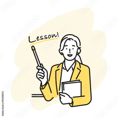 シンプル　イラスト　英会話レッスンを説明する女性講師 英語学習のイメージ ベクターイラスト