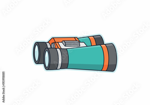A pair of vibrant teal and orange binoculars lies on a plain surface viewed from a slight angle
