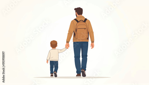Man and Child Walking Together Hand in Hand.