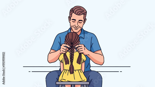 Man Sitting and Adjusting Brown Wig on Yellow Head.