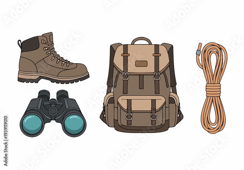 Hiking essentials including boot, binoculars, backpack, and rope laid out for adventure preparation