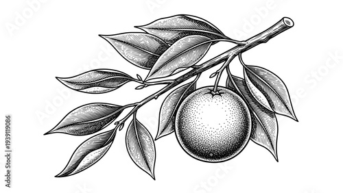 Vintage orange branch engraving, antique citrus fruit with leaves sketch and botanical illustration in woodcut style