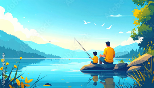 Man and Child Fishing on Rock.