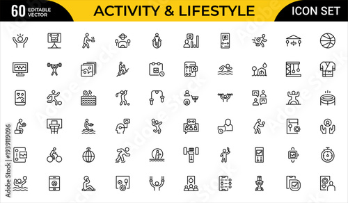 Activity and Lifestyle Line Icon Set for Cooking, Sports, Fishing, Camping and Hobby UI Design Outline Vector Collection