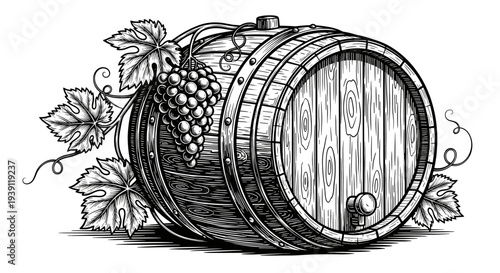 Vintage engraving wooden beer barrel with hop cones brewing ingredient hand drawn woodcut style craft beer illustration