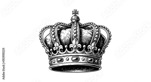 Royal King Crown with Jewels Vector Illustration in Vintage Etching Style