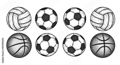 Vintage sports balls engraving set, retro athletic equipment and game ball sketches in woodcut style