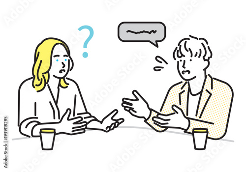 シンプル　イラスト　英語が聞き取れず困る女性と話す男性 英会話のコミュニケーションイメージ ベクターイラスト