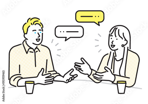 シンプル　イラスト　英語で会話をする男女 英会話コミュニケーションのイメージ ベクターイラスト