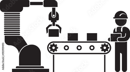 Factory conveyor belt with working man and robotic arm