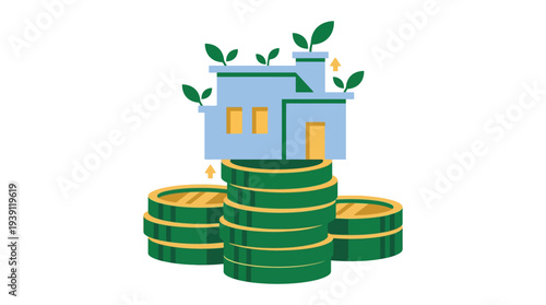 Real Estate Investment Growth Concept House on Coin Stack Flat Vector Illustration