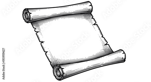 antique scroll parchment paper detailed vintage engraving illustration isolated, rolled manuscript document hand drawn old paper woodcut style