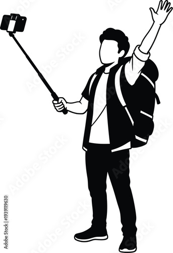 Man taking selfie with smartphone on stick black sillhouette backpack
