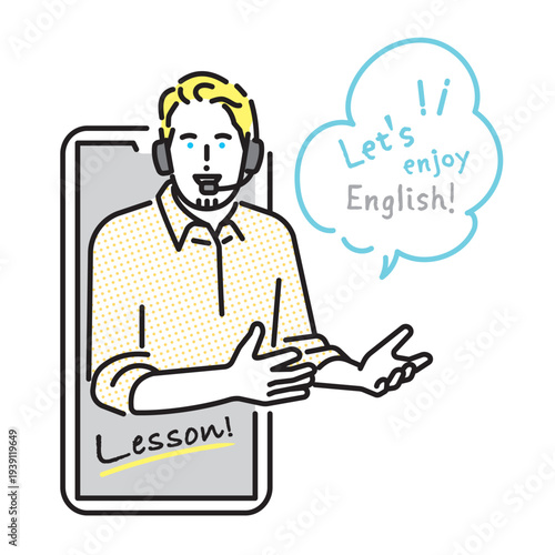 シンプル　イラスト　スマートフォンで英会話レッスンをするオンライン英語講師のイメージ 男性 ベクターイラスト