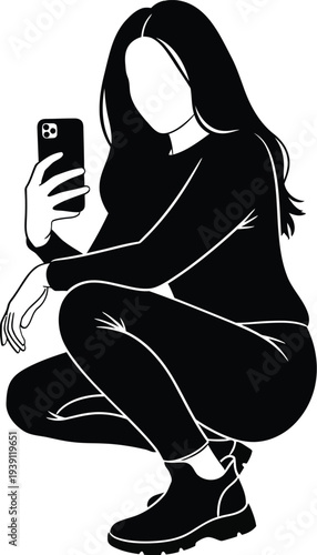 Woman in black sillhouette black clothes crouching while looking at smartphone faceless