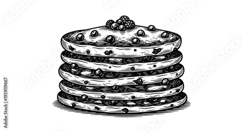 stack of pancakes detailed vintage engraving illustration isolated, breakfast dessert food hand drawn retro woodcut style culinary artwork