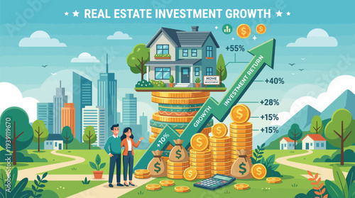Real Estate Investment Growth Concept House on Coin Stack Flat Vector Illustration