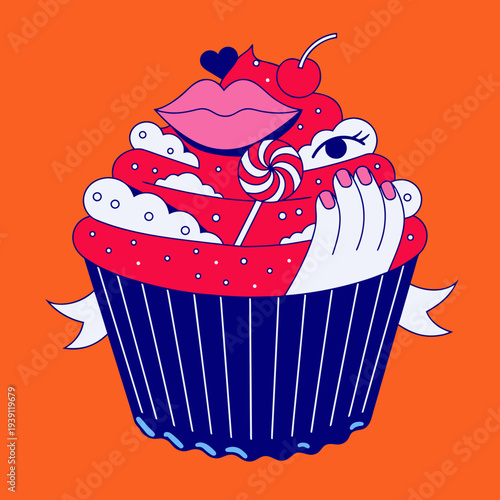 Surreal Pop Art Cupcake with Lips Eye and Hand Elements. A creative and surreal vector illustration of a cupcake featuring human elements: pink lips, an eye, and a hand holding the frosting. 