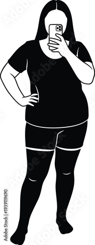 Woman in black sillhouette black clothing taking selfie with smartphone silhouette